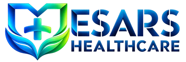 Mesars Healthcare logo with a blue medical cross and green-blue leaf design.