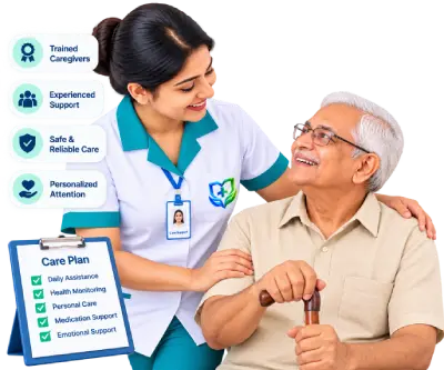 Experienced caregiver providing personalized home care to an elderly man, with care plan and trained support indicators