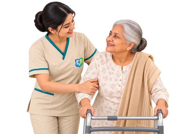 Female caregiver providing 12-hour care and assisting an elderly woman with walking at home