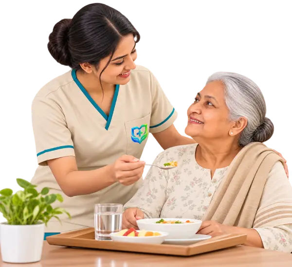 Female caregiver providing daytime care and assistance to an elderly woman at home