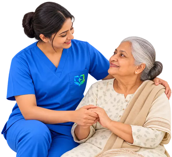 Female caregiver providing long-term care and companionship to an elderly woman at home