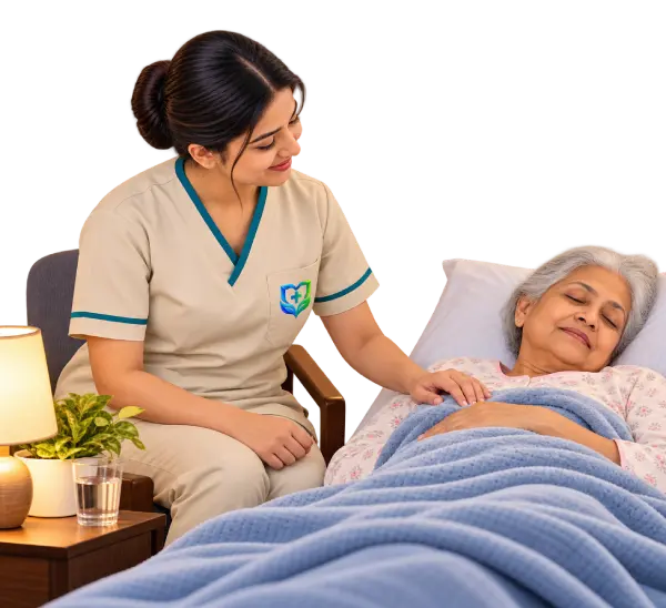 Female caregiver providing nighttime care while an elderly woman sleeps peacefully at home.