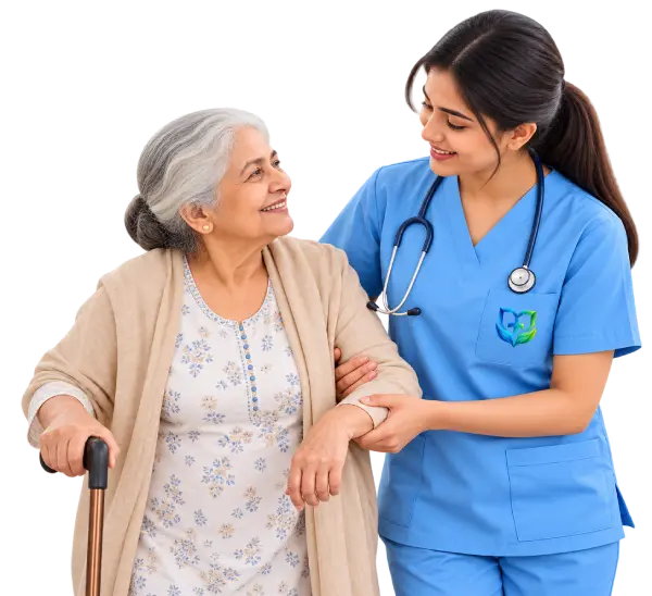 Female nurse supporting an elderly woman while helping her walk with a cane
