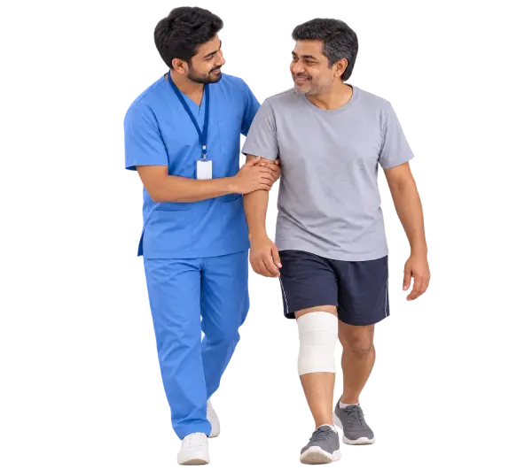Male caregiver assisting a recovering patient with walking during short-term home care