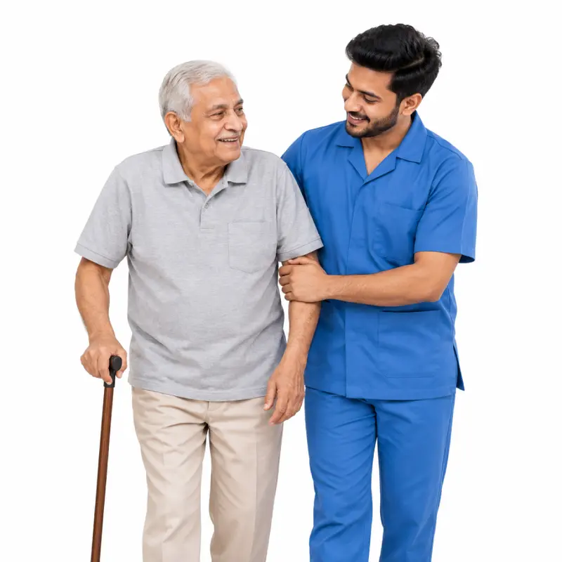 Male caregiver in a blue uniform supporting an elderly man walking with a cane against a white background