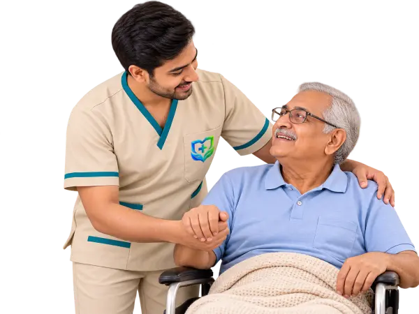 Male caregiver providing 24-hour care and support to an elderly man at home