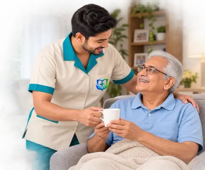 Male caregiver providing compassionate home care to an elderly man in a comfortable living room