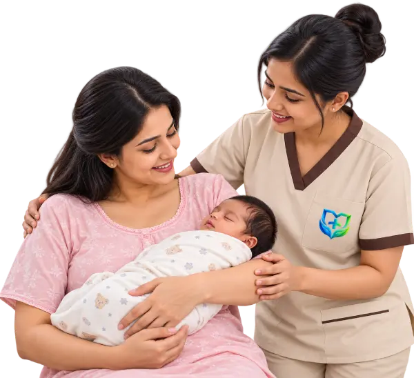 Mother holding her newborn baby while a female caregiver provides gentle support at home