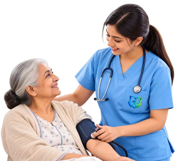 Nurse checking an elderly woman’s blood pressure during home nursing care