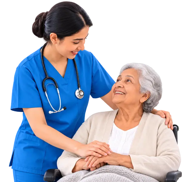 a female nurse taking care of a old female patient